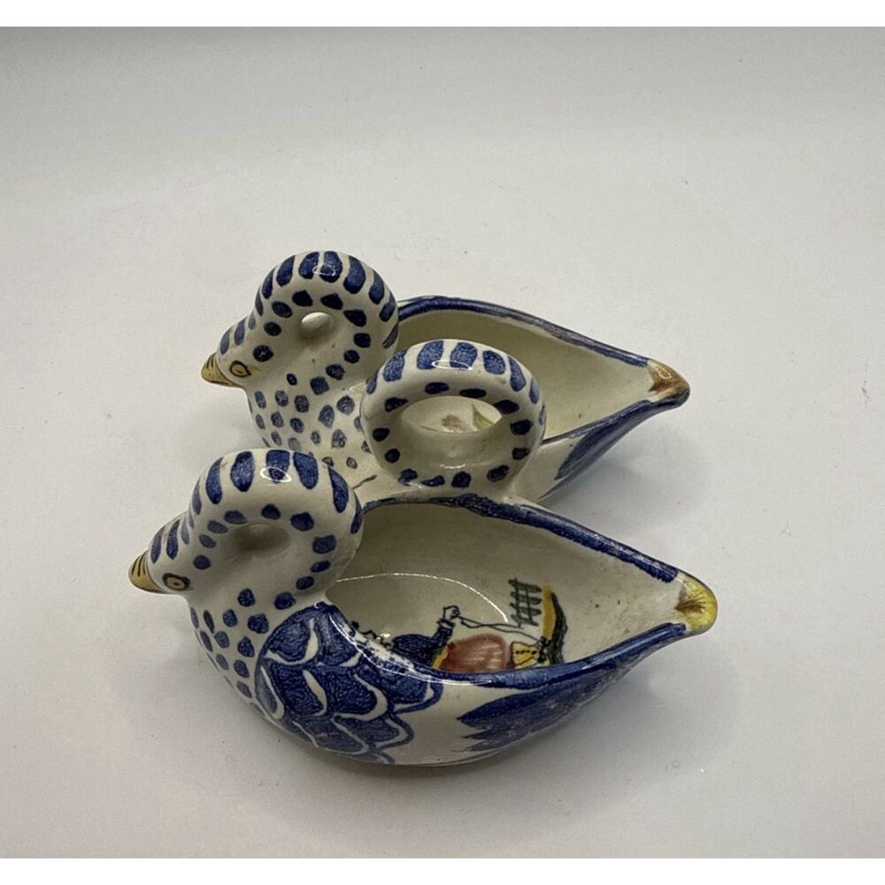 VTG Henriot Quimper Open Salt Cellar French Faience Majolica Double Swans Signed
